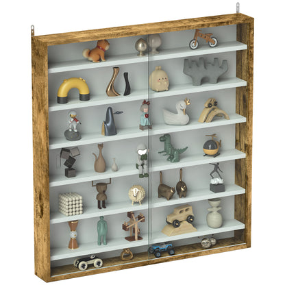 7-Tier Wall Display Cabinet w/ Shelves Glass Doors, Rustic Brown