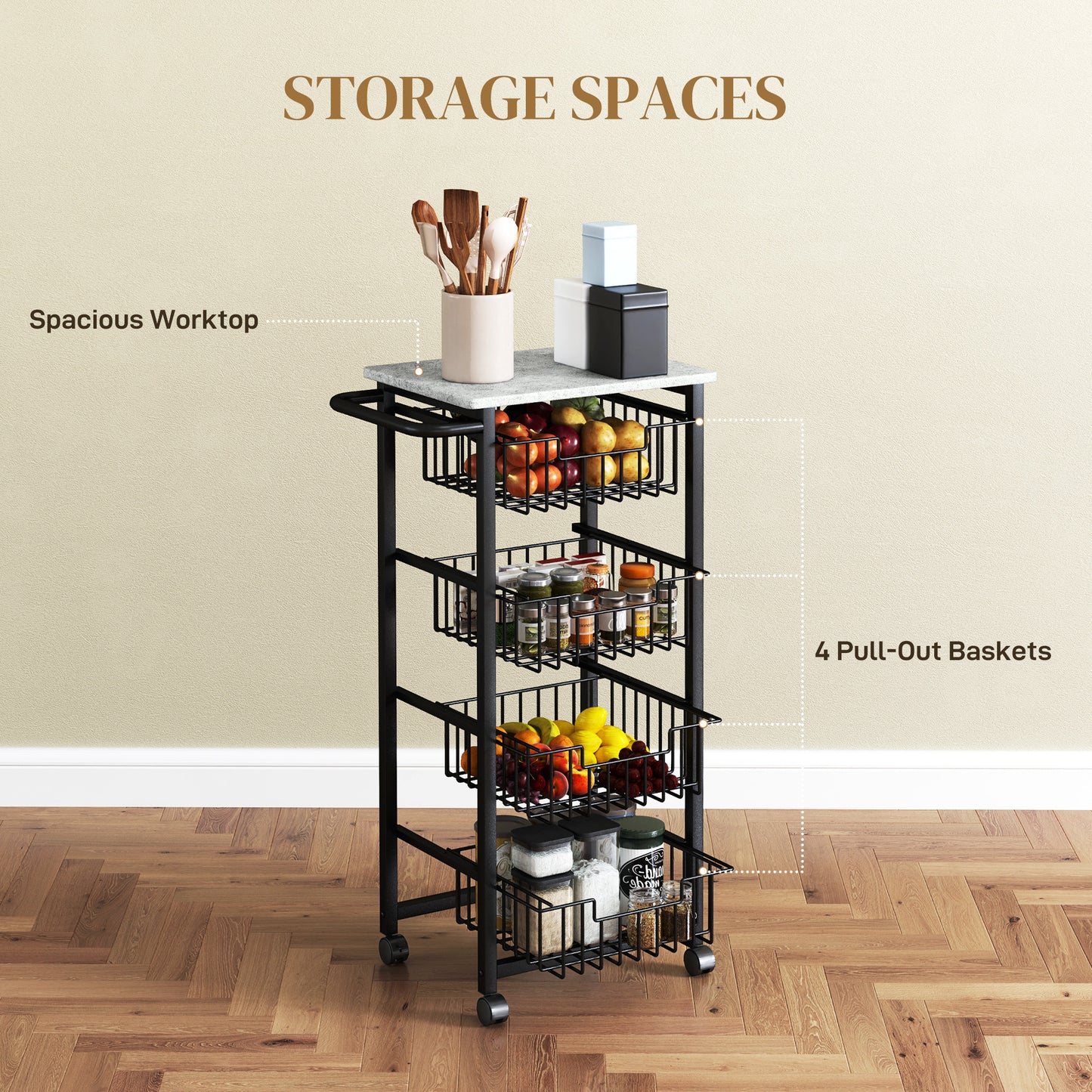 4-Tier Kitchen Island on Wheels with 4 Pull-Out Baskets, Light Grey