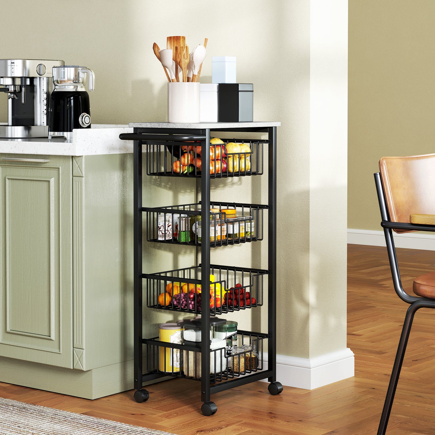 4-Tier Kitchen Island on Wheels with 4 Pull-Out Baskets, Light Grey