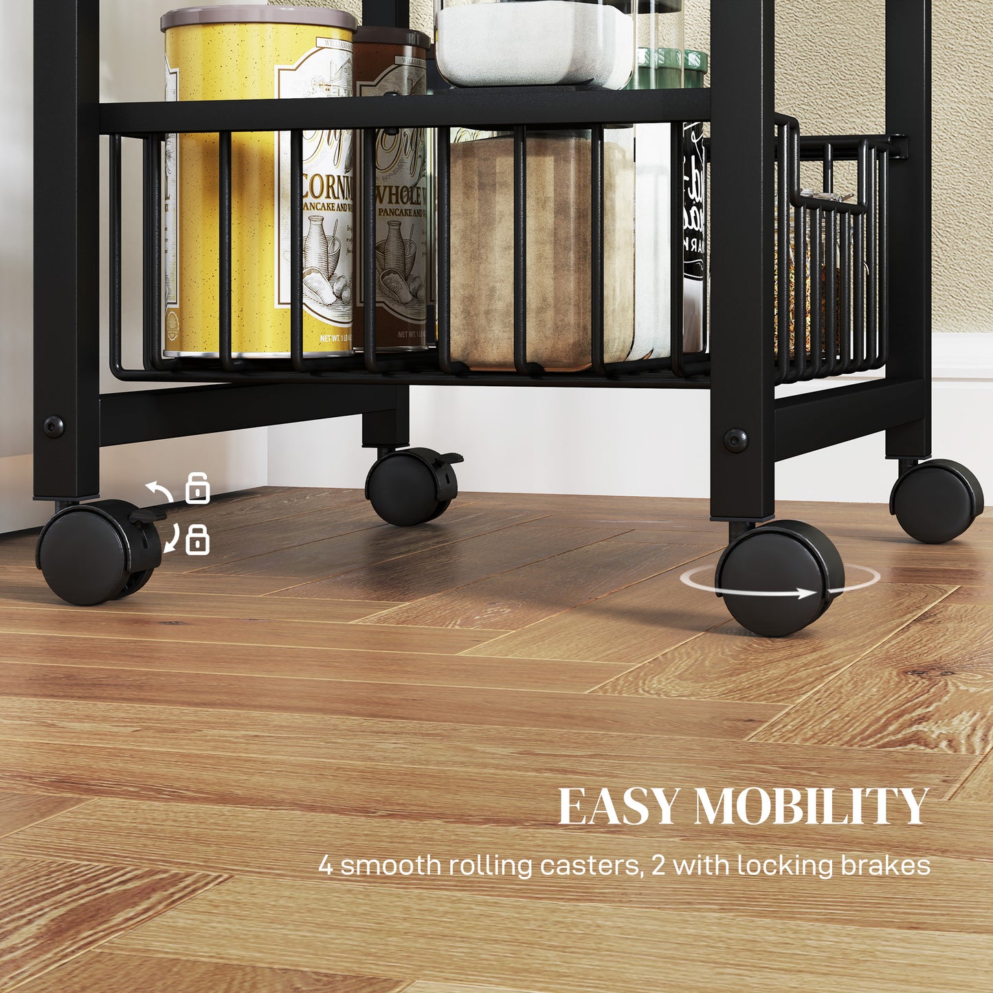 4-Tier Kitchen Island on Wheels with 4 Pull-Out Baskets, Light Grey