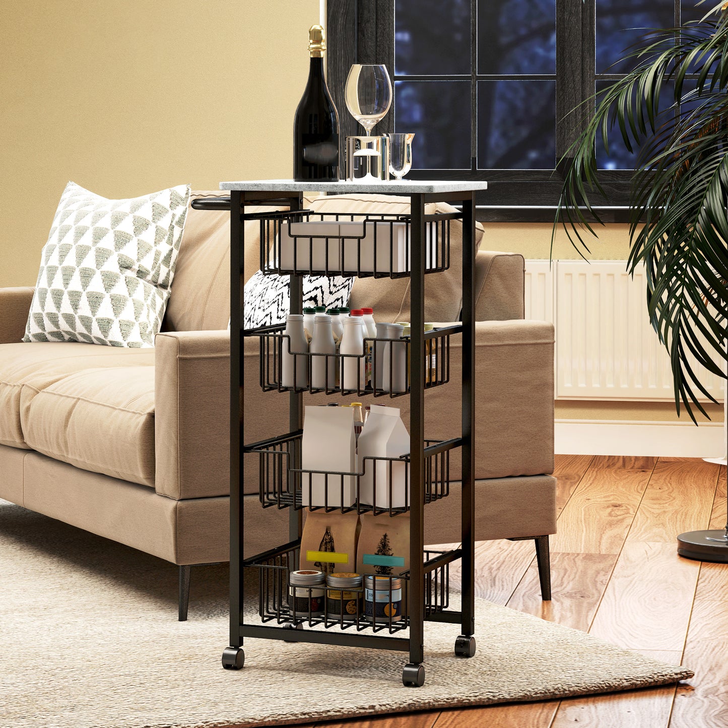 4-Tier Kitchen Island on Wheels with 4 Pull-Out Baskets, Light Grey