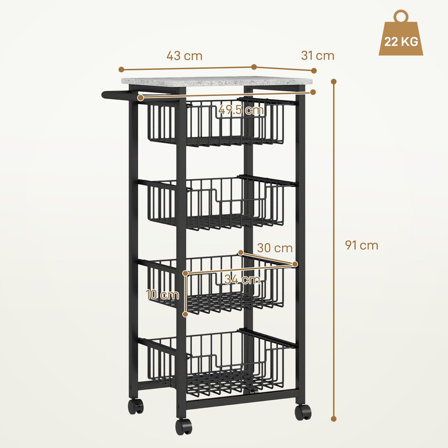 4-Tier Kitchen Island on Wheels with 4 Pull-Out Baskets, Light Grey