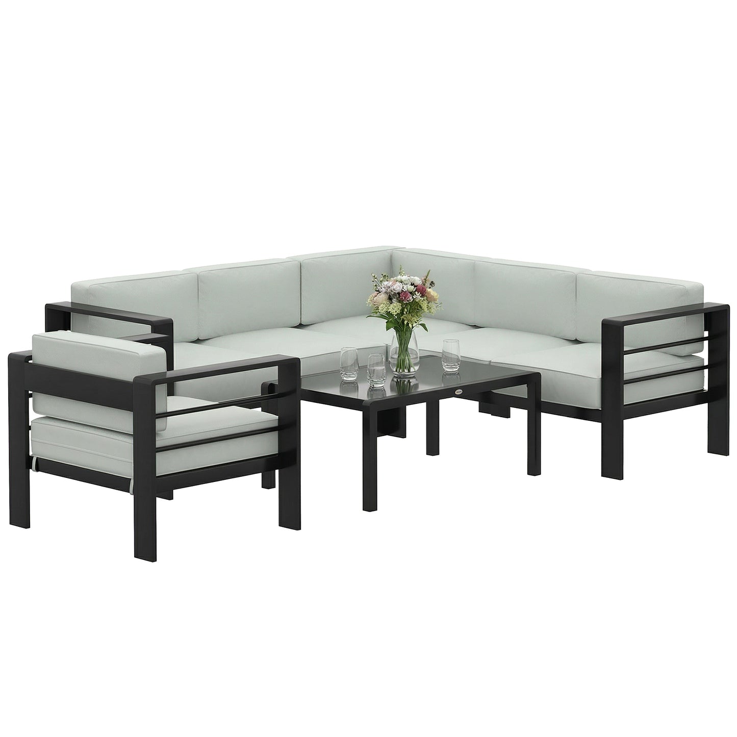 5-Piece Garden Corner Sofa Set with Cushions, 6 Seater Aluminium Garden Furniture Set with Coffee Table, Light Grey