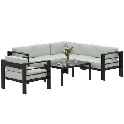 5-Piece Garden Corner Sofa Set with Cushions, 6 Seater Aluminium Garden Furniture Set with Coffee Table, Light Grey