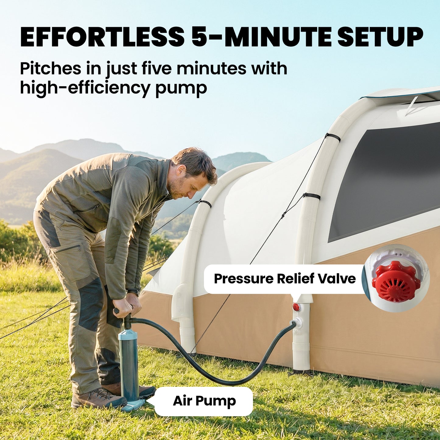 Inflatable Camping Tent w/ Air Pump, 2-3 Person Blow Up Tent, Khaki