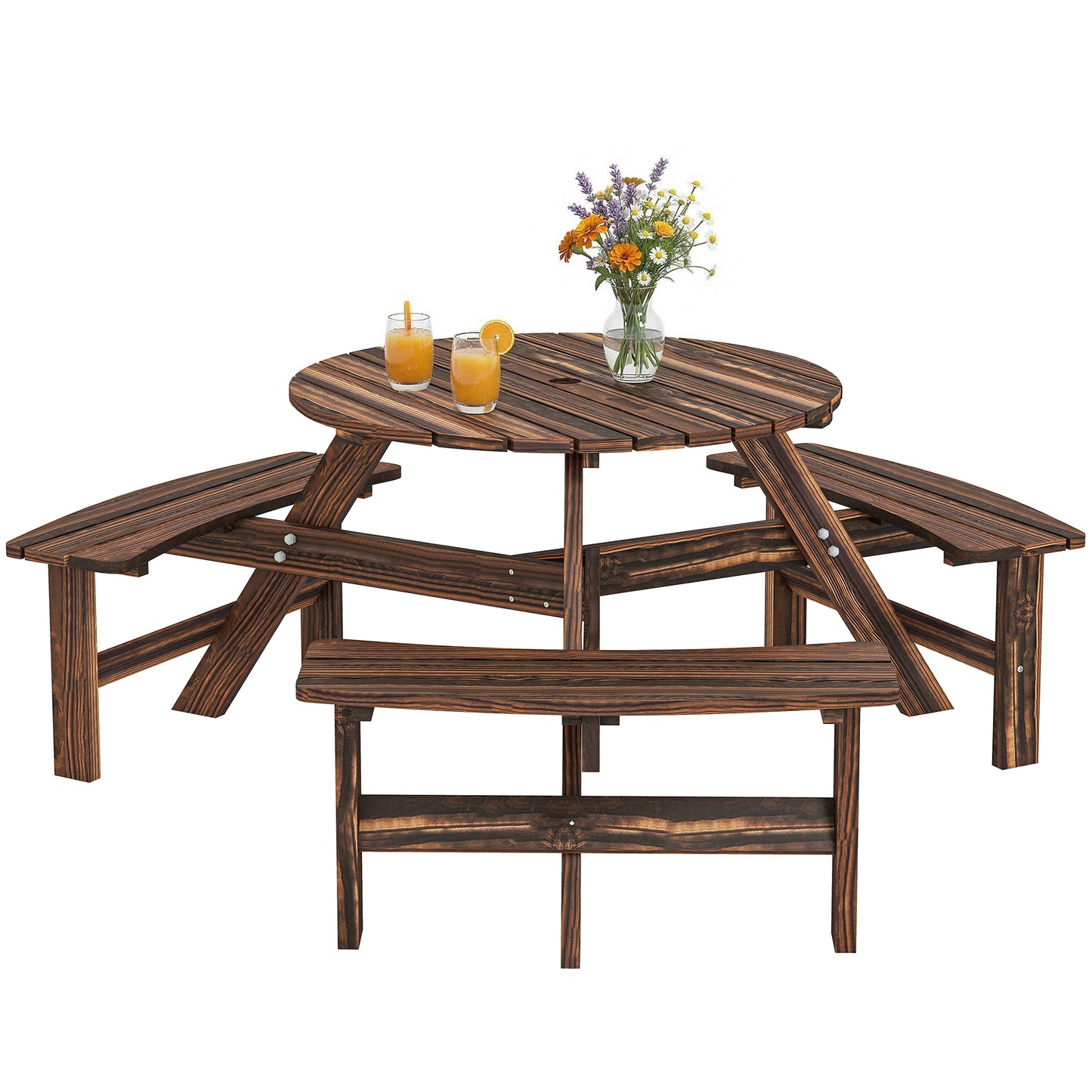 6 Person Fir Wood Table Bench Set Outdoor Garden Patio, Carbonized