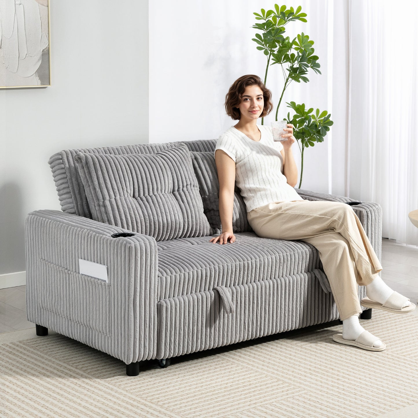 2 Seater Sofa Bed, Click Clack Pull Out Bed Settee, Light Grey