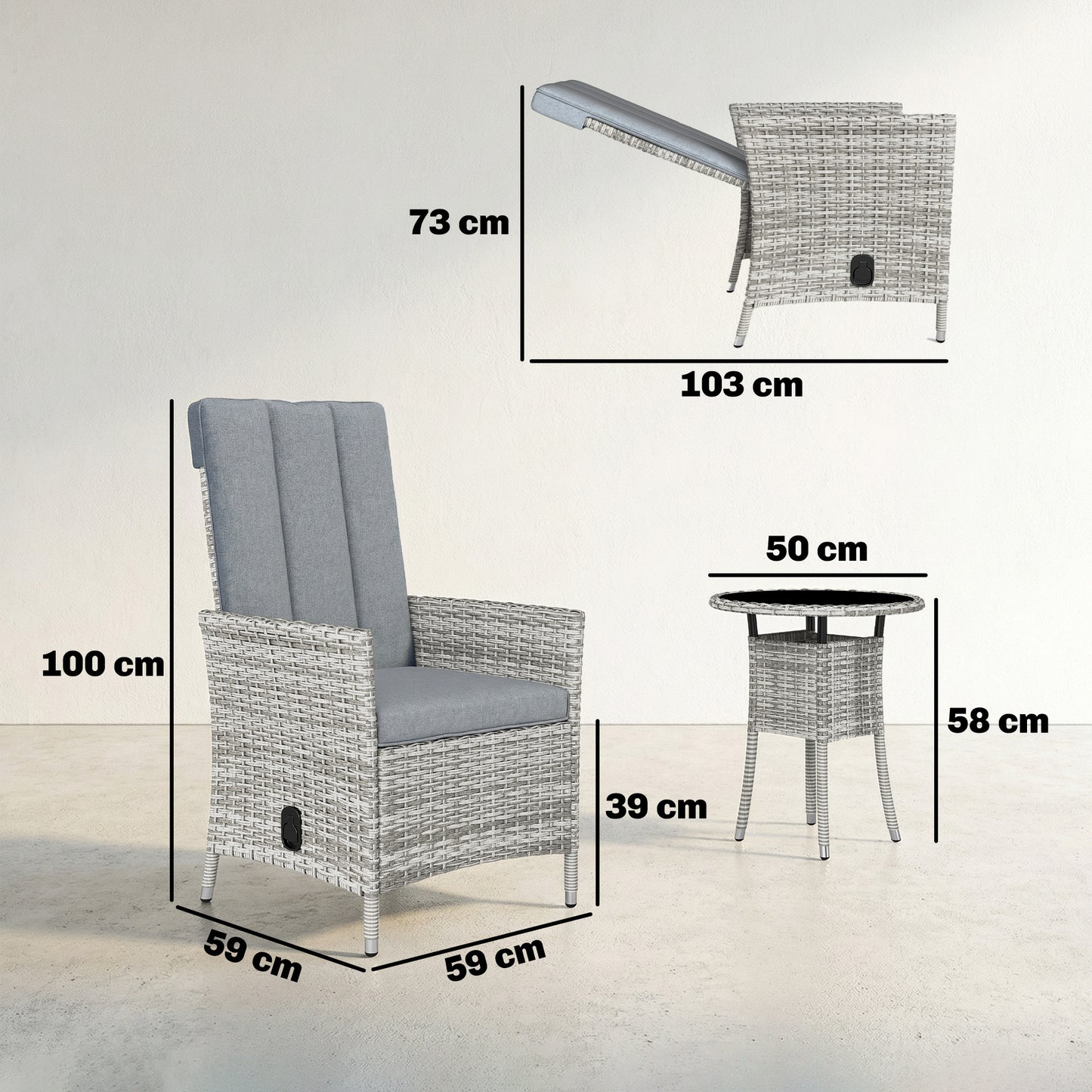 Rattan Bistro Set, Reclining Garden Chairs and Table, Light Grey