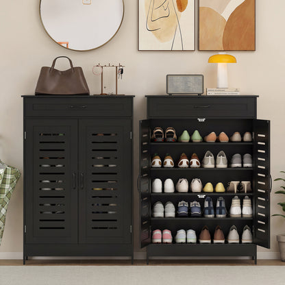 Modern Shoe Storage Cabinet with Louvered Doors and Drawer, Black