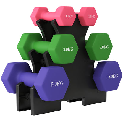 Hex Dumbbells Set with Dumbbell Rack, 2 x 1kg, 2 x 3kg, 2 x 5kg