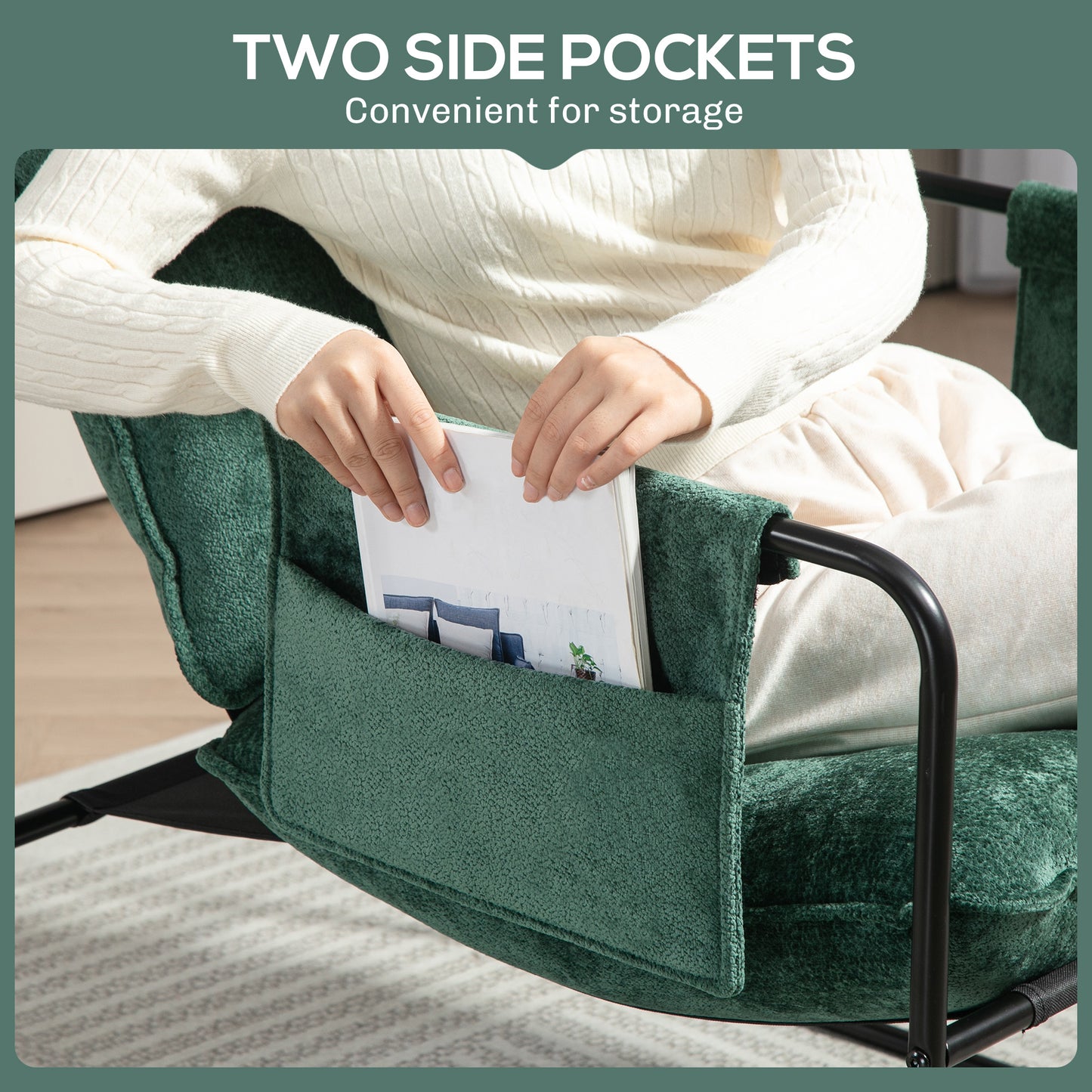 Upholstered Reading Chair with Side Pockets and Steel Frame, Green