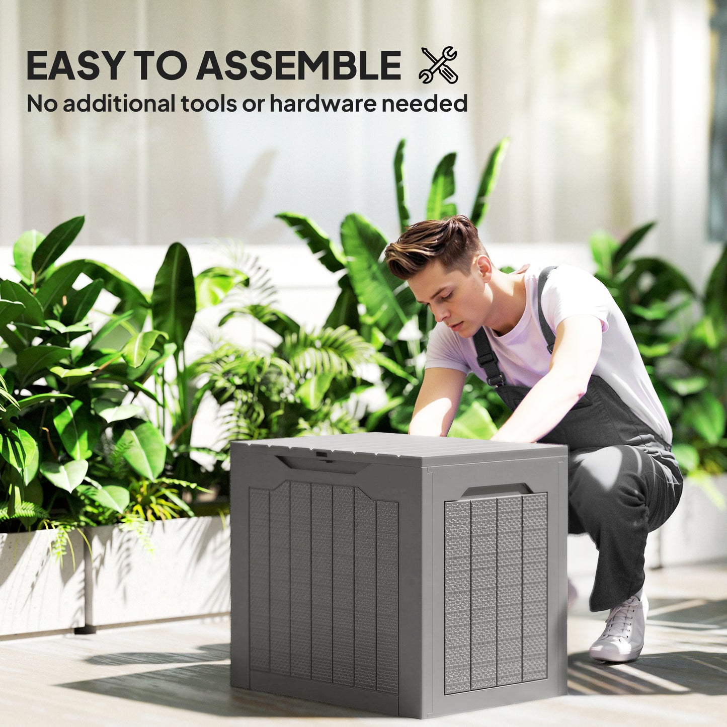 93L Plastic Garden Storage Box, Storage Container w/ Handles Khaki
