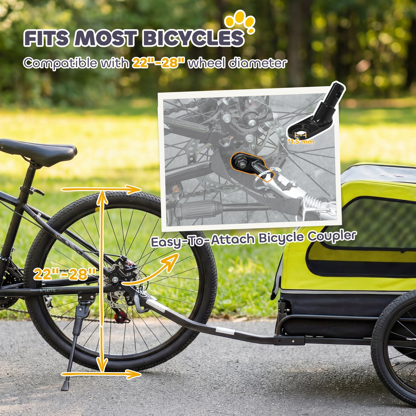 Dog Bike Trailer Support Up to 20 kg, Dog Bicycle Carrier, Easy Store Cart with Quick Release Frame, Flip-Down Ramp Tailgate, Universal Bicycle Coupler, Reflectors, Flag, Yellow