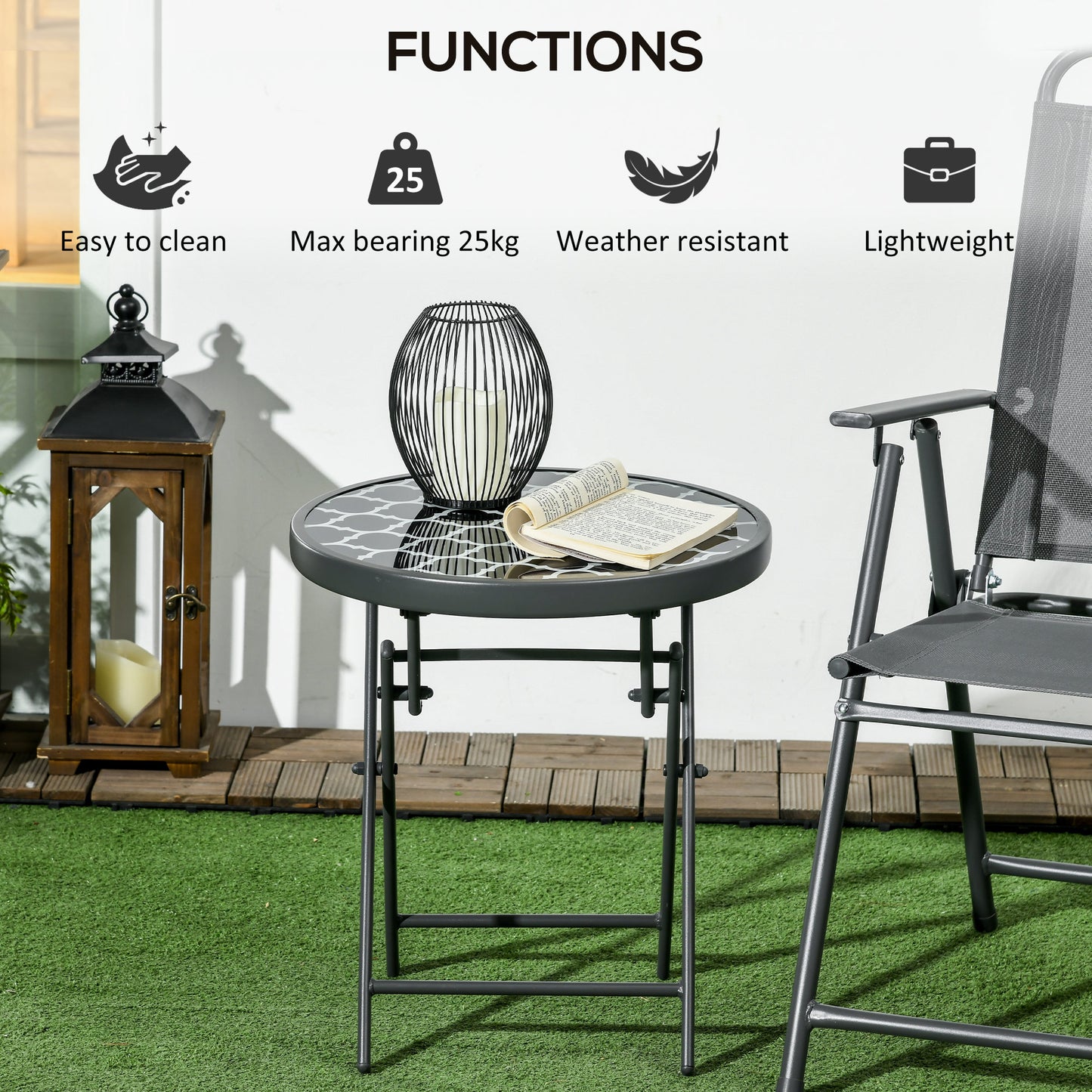 Φ45cm Outdoor Side Table, Round Folding Patio Table with Imitation Marble Glass Top, Small Coffee Table, Black