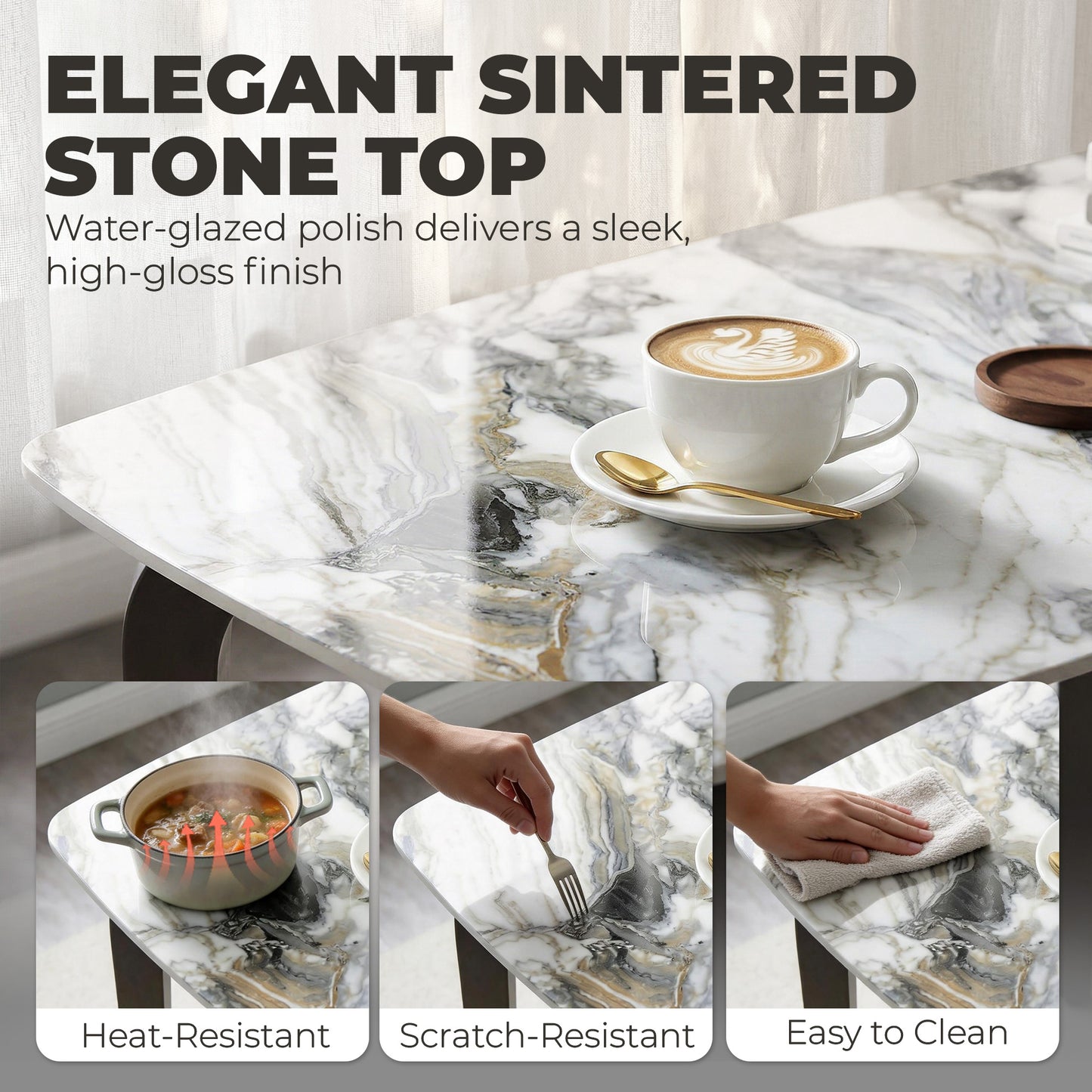 Dining Table for 4, Kitchen Table with Sintered Stone Tabletop, White