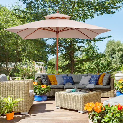 3m 2-tier Patio Parasol Garden Sun Umbrella Sunshade Bamboo  w/ Pulley