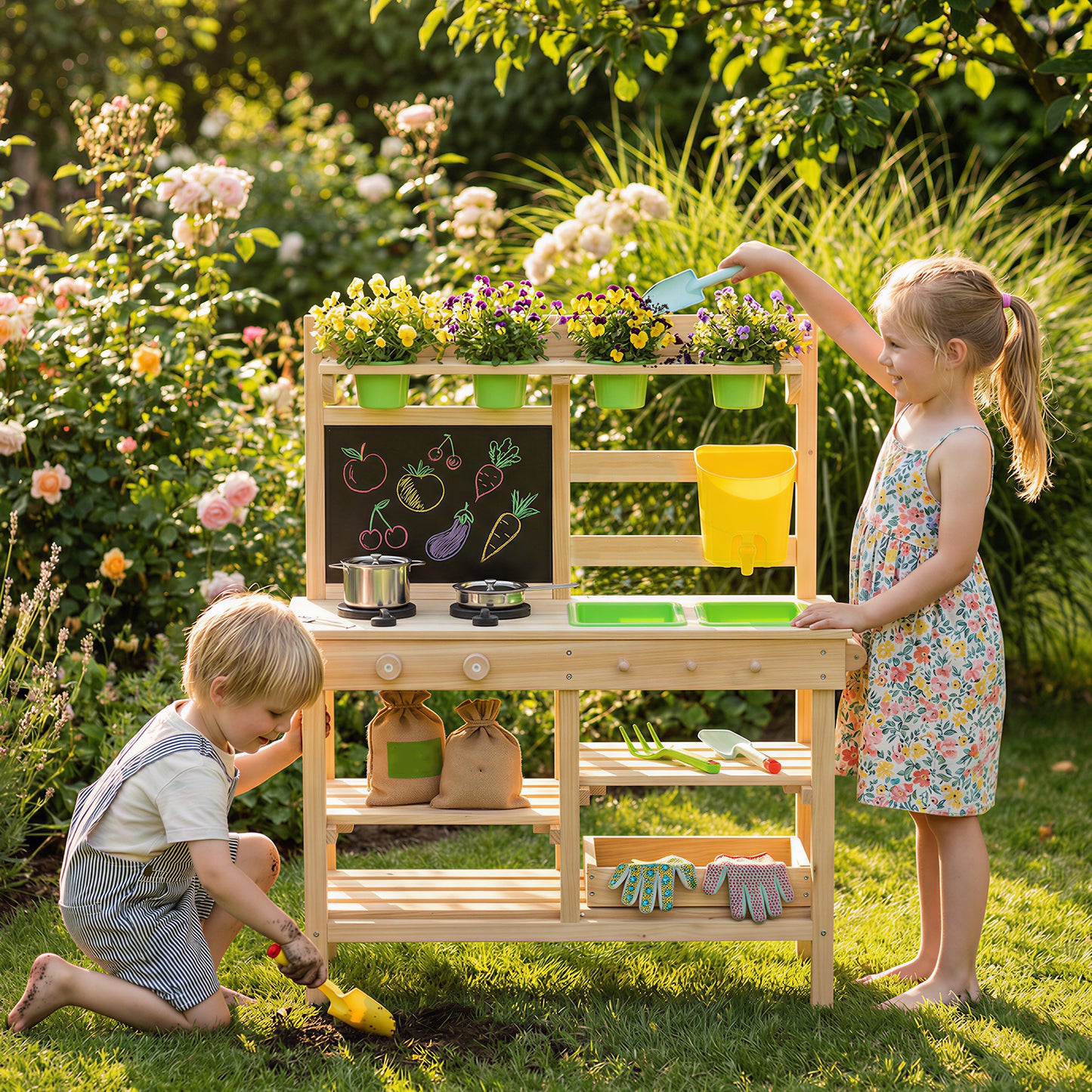 Wooden Kids Mud Kitchen with Kitchenware & Garden Tools