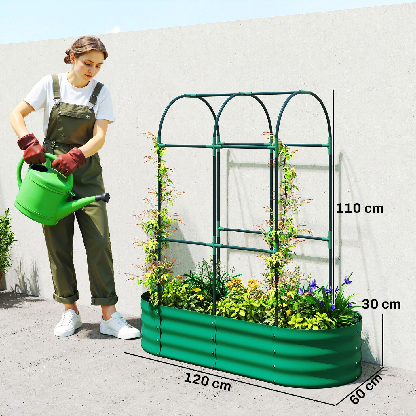 4 x 2 x 4.6ft Galvanised Raised Garden Bed with Trellis, Green