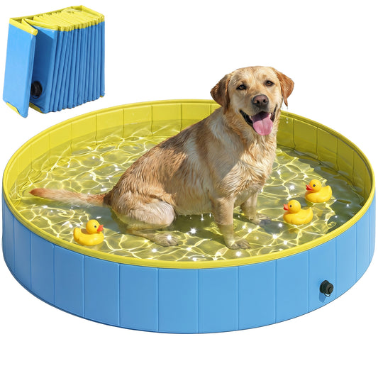 Foldable Dog Pool for Puppies and Ducks, Thickened PVC Dog Paddling Pool Bath Tub Hard Board, Anti-Slip Bottom and Hose Adapter for Easy Drainage, 160 x 30cm, Blue and Yellow