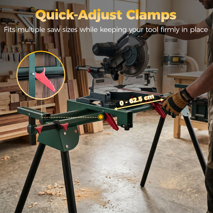 Universal Mitre Saw Stand with Adjustable Rollers and Support Arms, Portable Miter Saw Stand with Folding Legs, Heavy-Duty Height-Adjustable Pull-Out Work Piece Supports, Max Load 150kg, Green