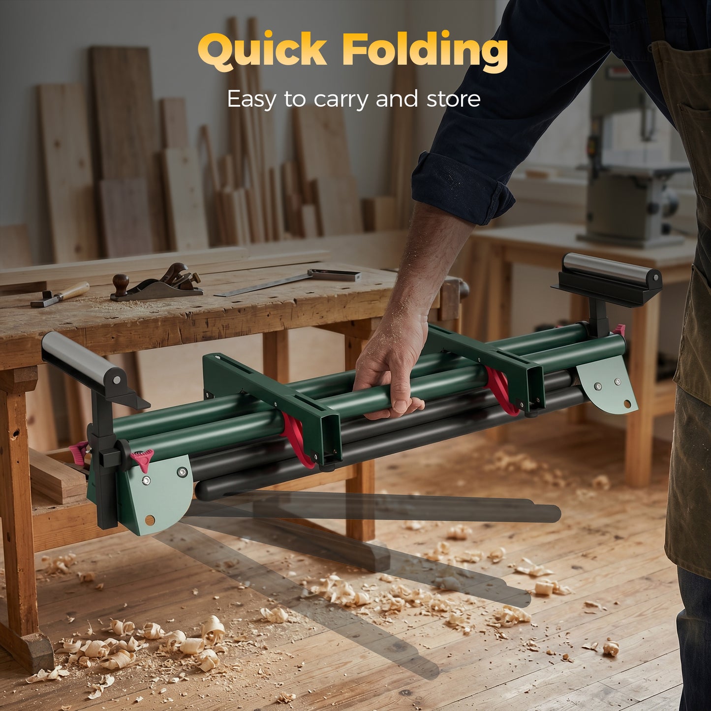 Universal Mitre Saw Stand with Adjustable Rollers and Support Arms, Portable Miter Saw Stand with Folding Legs, Heavy-Duty Height-Adjustable Pull-Out Work Piece Supports, Max Load 150kg, Green