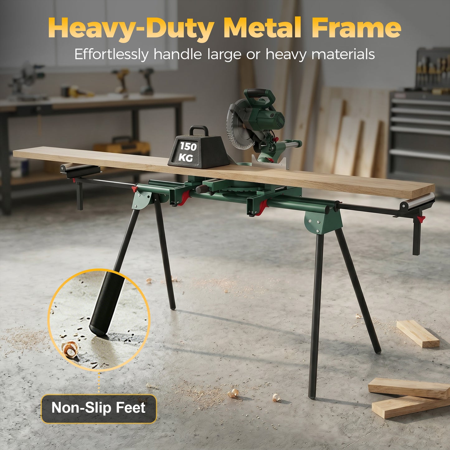 Universal Mitre Saw Stand with Adjustable Rollers and Support Arms, Portable Miter Saw Stand with Folding Legs, Heavy-Duty Height-Adjustable Pull-Out Work Piece Supports, Max Load 150kg, Green