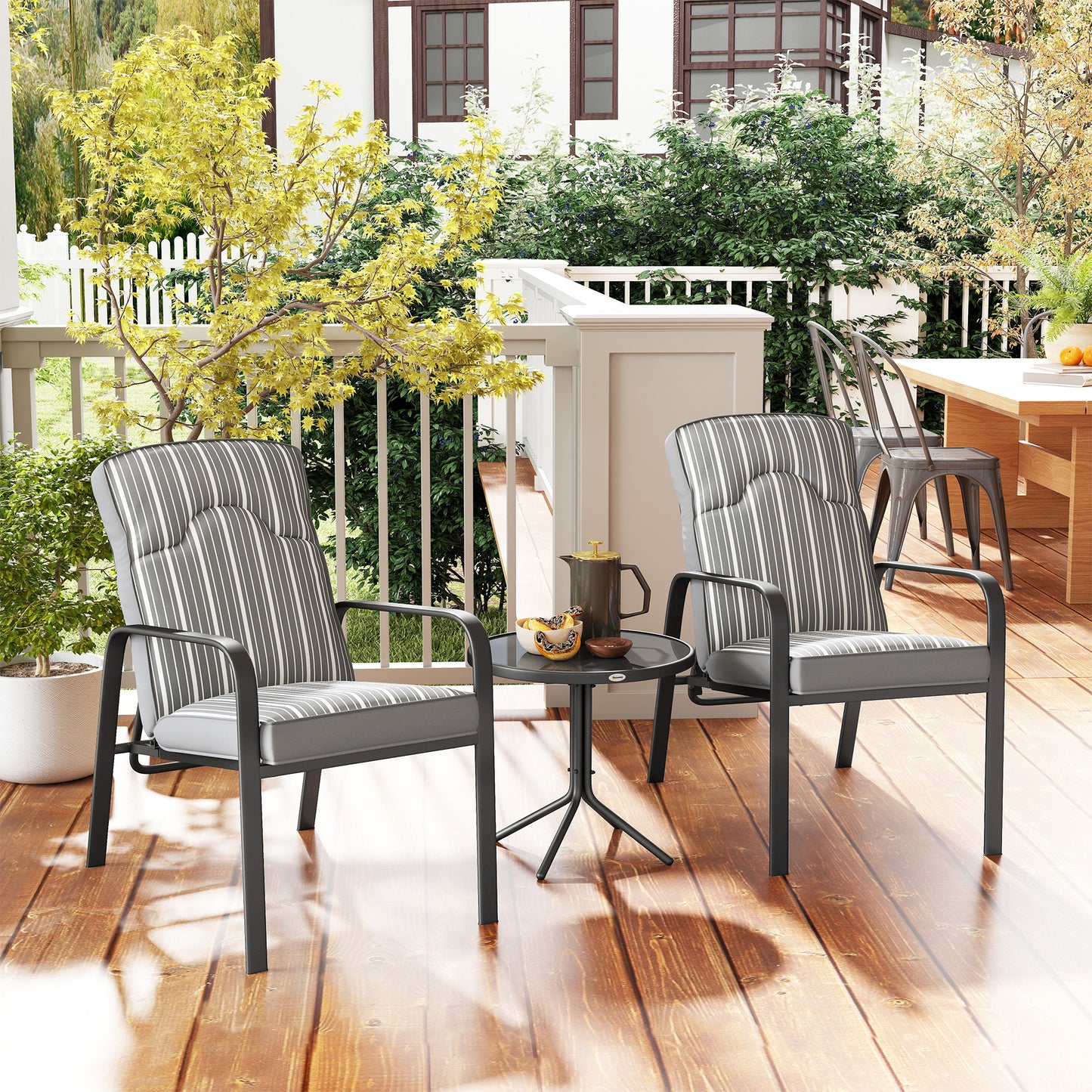 3-Piece Recliner Garden Chairs and Tempered Glass Table Set, Grey