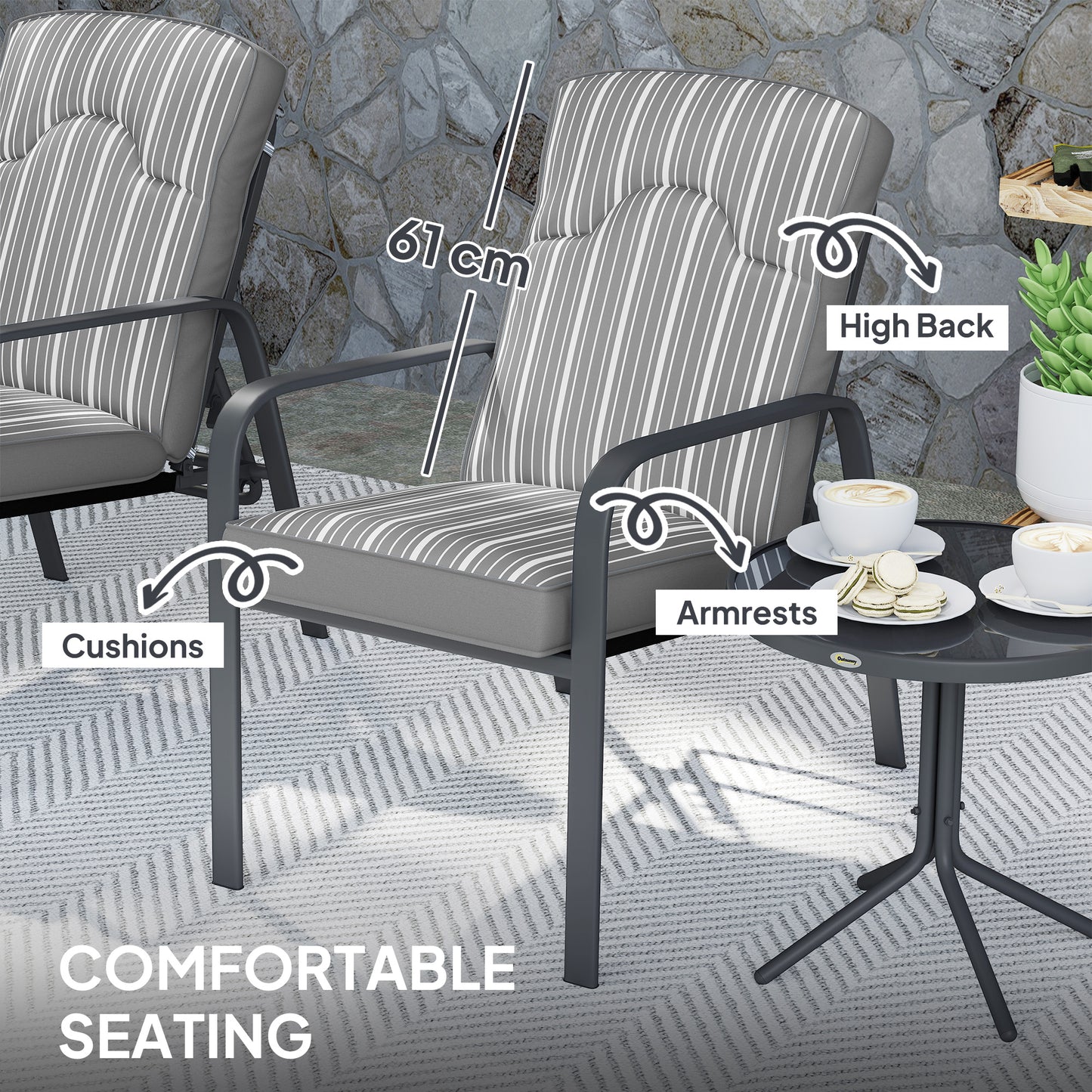 3-Piece Recliner Garden Chairs and Tempered Glass Table Set, Grey