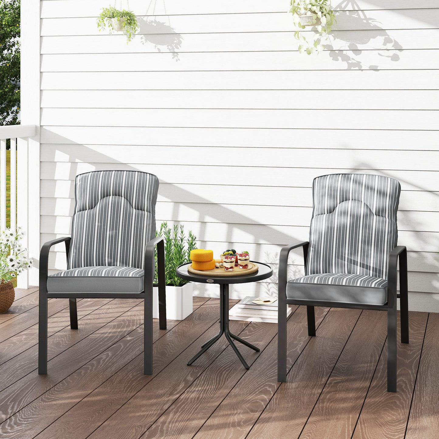 3-Piece Recliner Garden Chairs and Tempered Glass Table Set, Grey