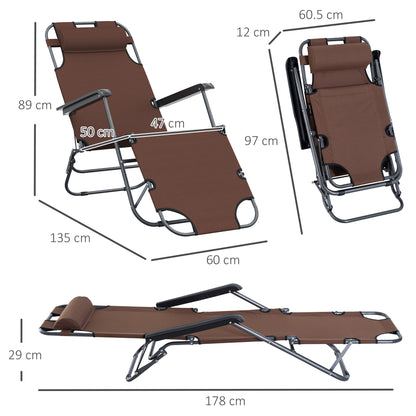 2 in 1 Outdoor Folding Sun Lounger w/ Adjustable Back and Pillow Brown