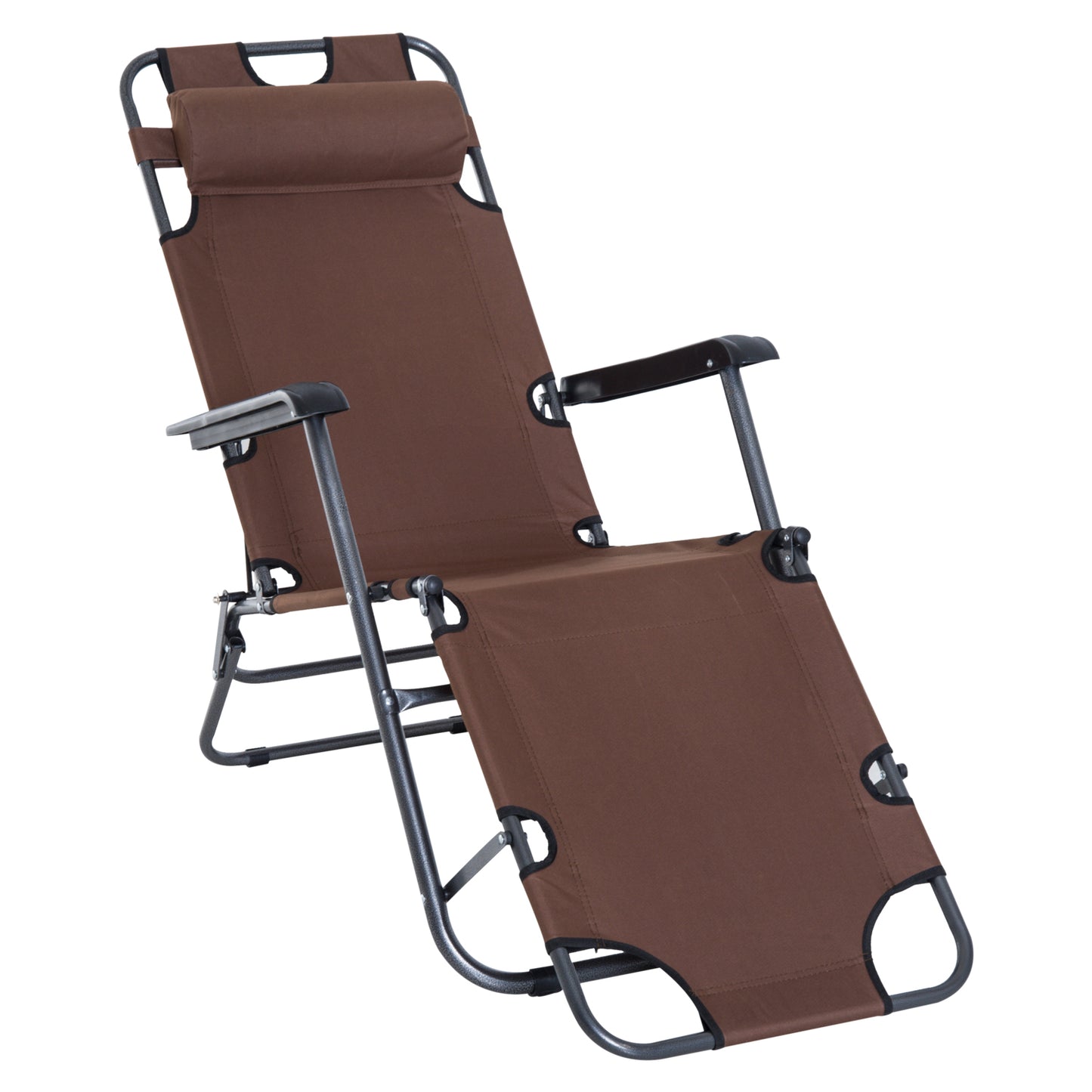 2 in 1 Outdoor Folding Sun Lounger w/ Adjustable Back and Pillow Brown