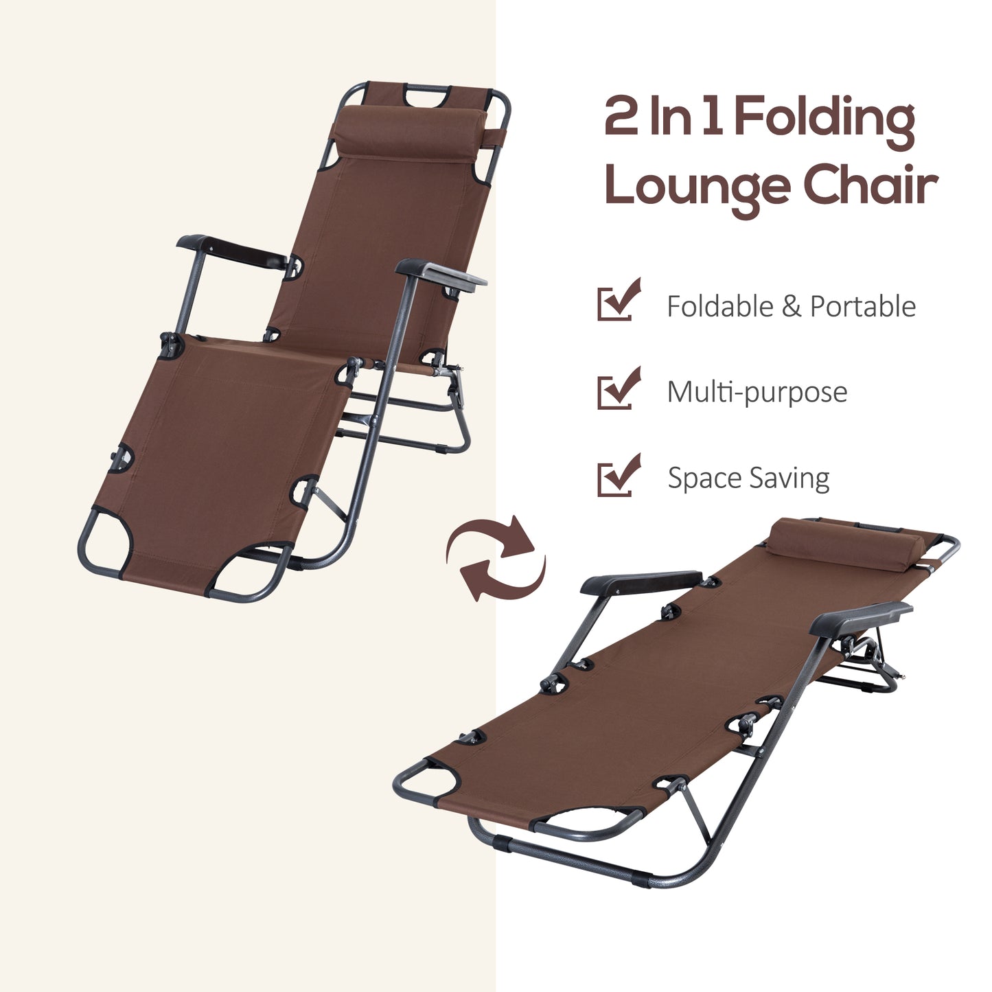 2 in 1 Outdoor Folding Sun Lounger w/ Adjustable Back and Pillow Brown
