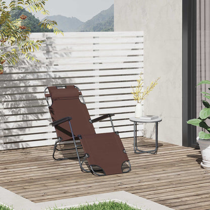2 in 1 Outdoor Folding Sun Lounger w/ Adjustable Back and Pillow Brown