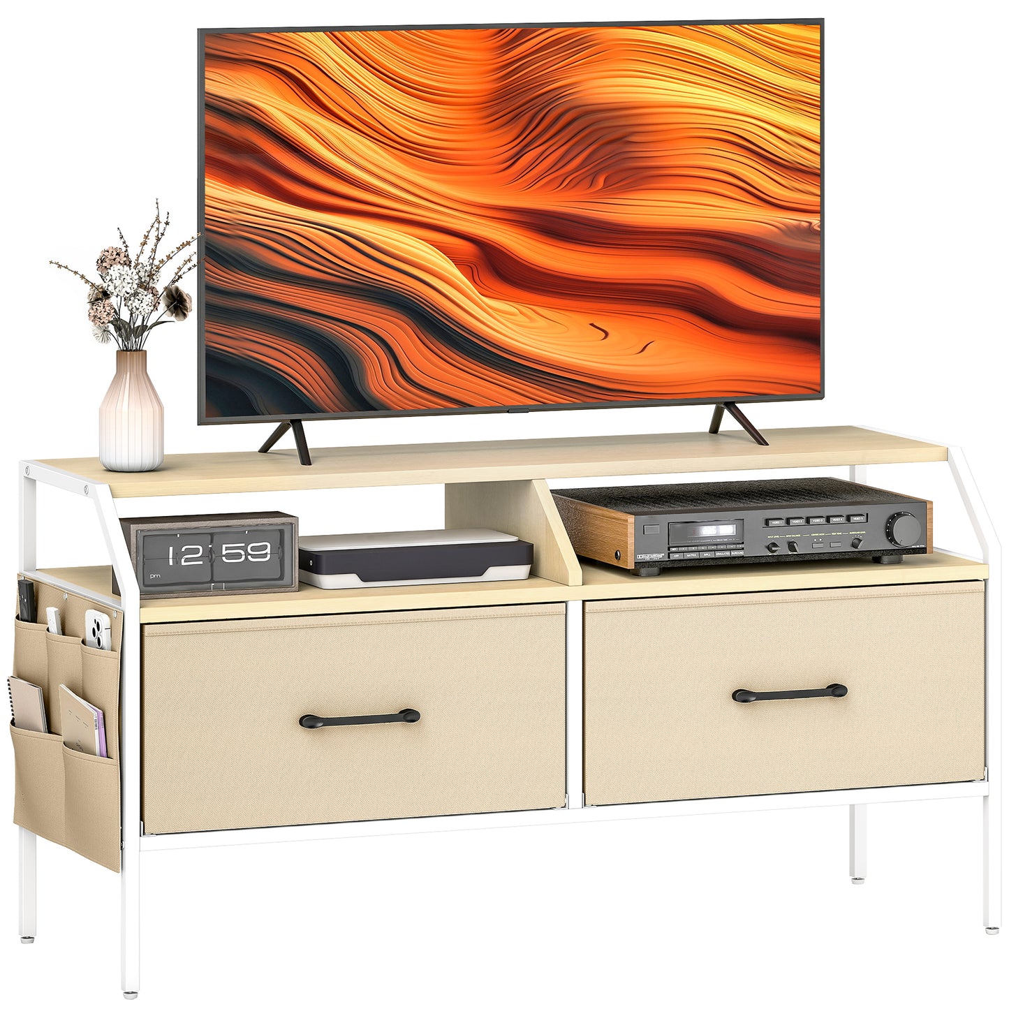 TV Stand Cabinet with 2 Foldable Drawers, Natural Wood Finish