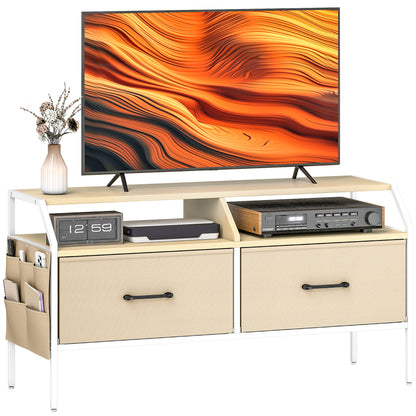 TV Stand Cabinet with 2 Foldable Drawers, Natural Wood Finish