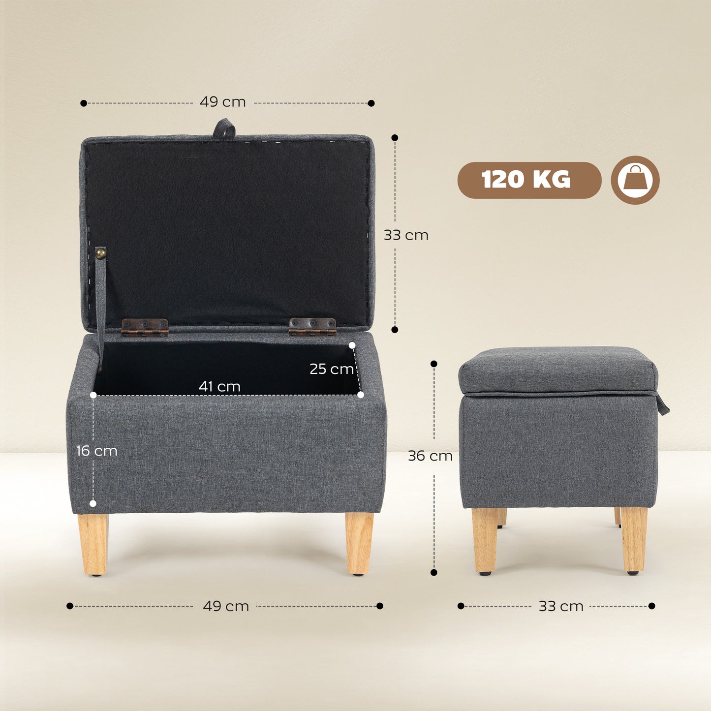 Linen Storage Ottoman Storage Box with Rubberwood Legs, Charcoal Grey