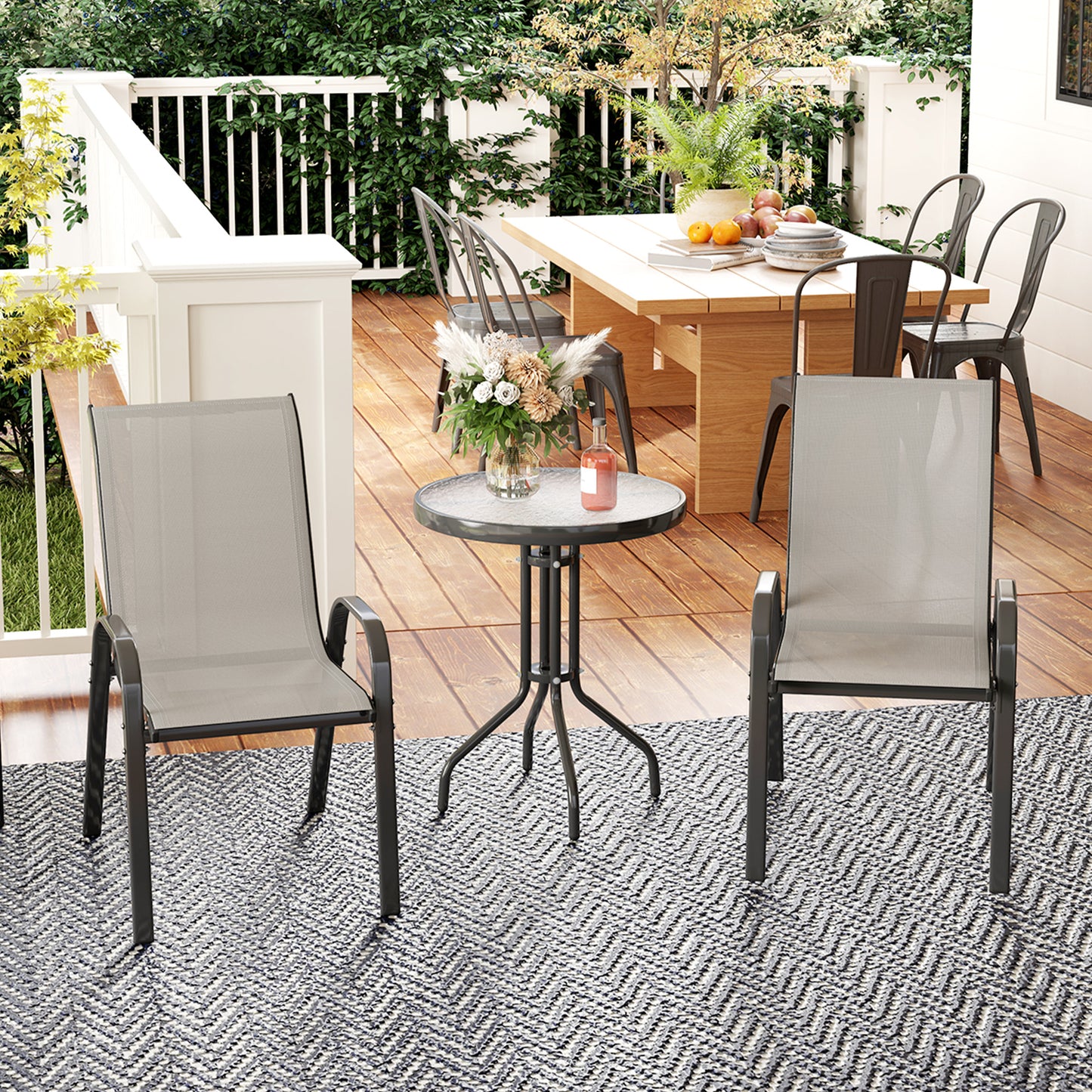 Garden Bistro Set, Small Garden Set w/ Stackable Chairs, Light Grey