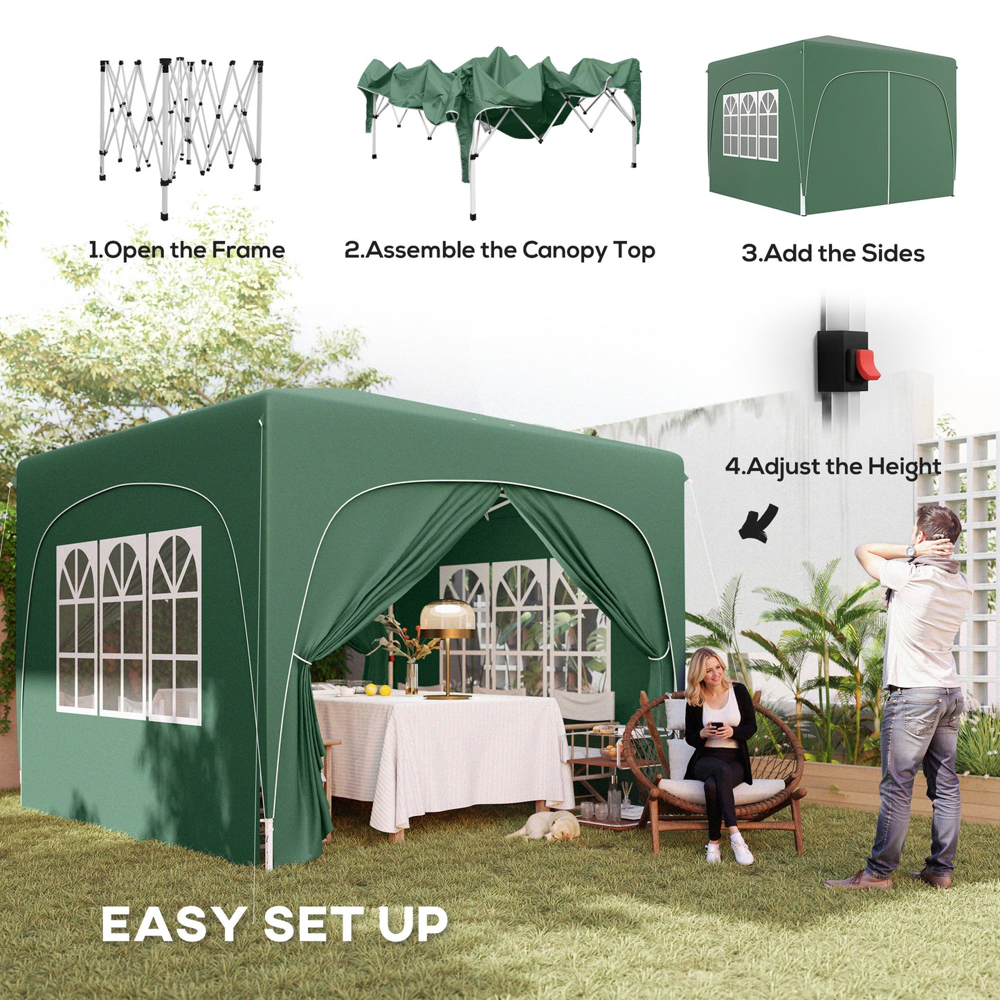 3 x 3(m) UPF50+ Pop Up Gazebo with Sides and Carry Bag, Dark Green