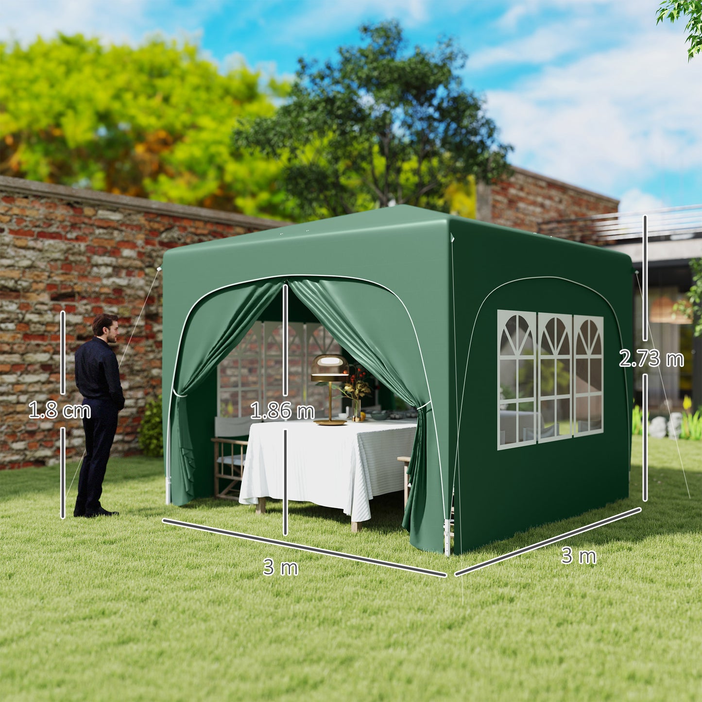 3 x 3(m) UPF50+ Pop Up Gazebo with Sides and Carry Bag, Dark Green