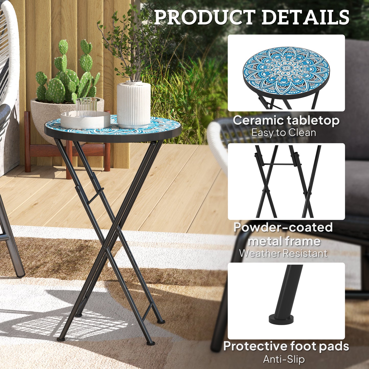 Mosaic Garden Table, 35.5cm Folding Coffee Table, Blue