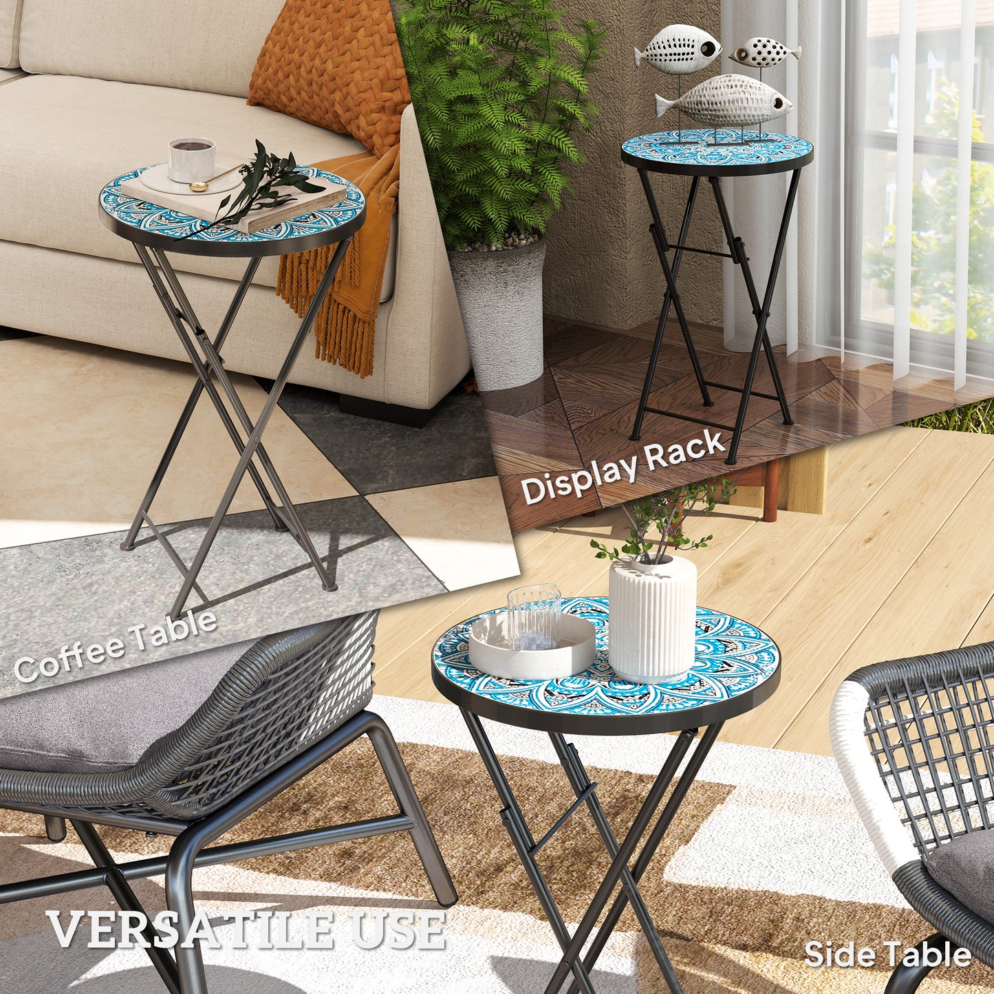 Mosaic Garden Table, 35.5cm Folding Coffee Table, Blue