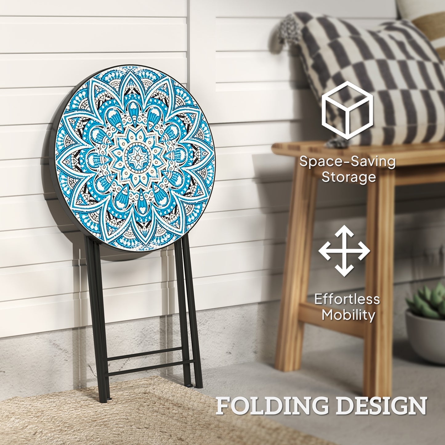 Mosaic Garden Table, 35.5cm Folding Coffee Table, Blue