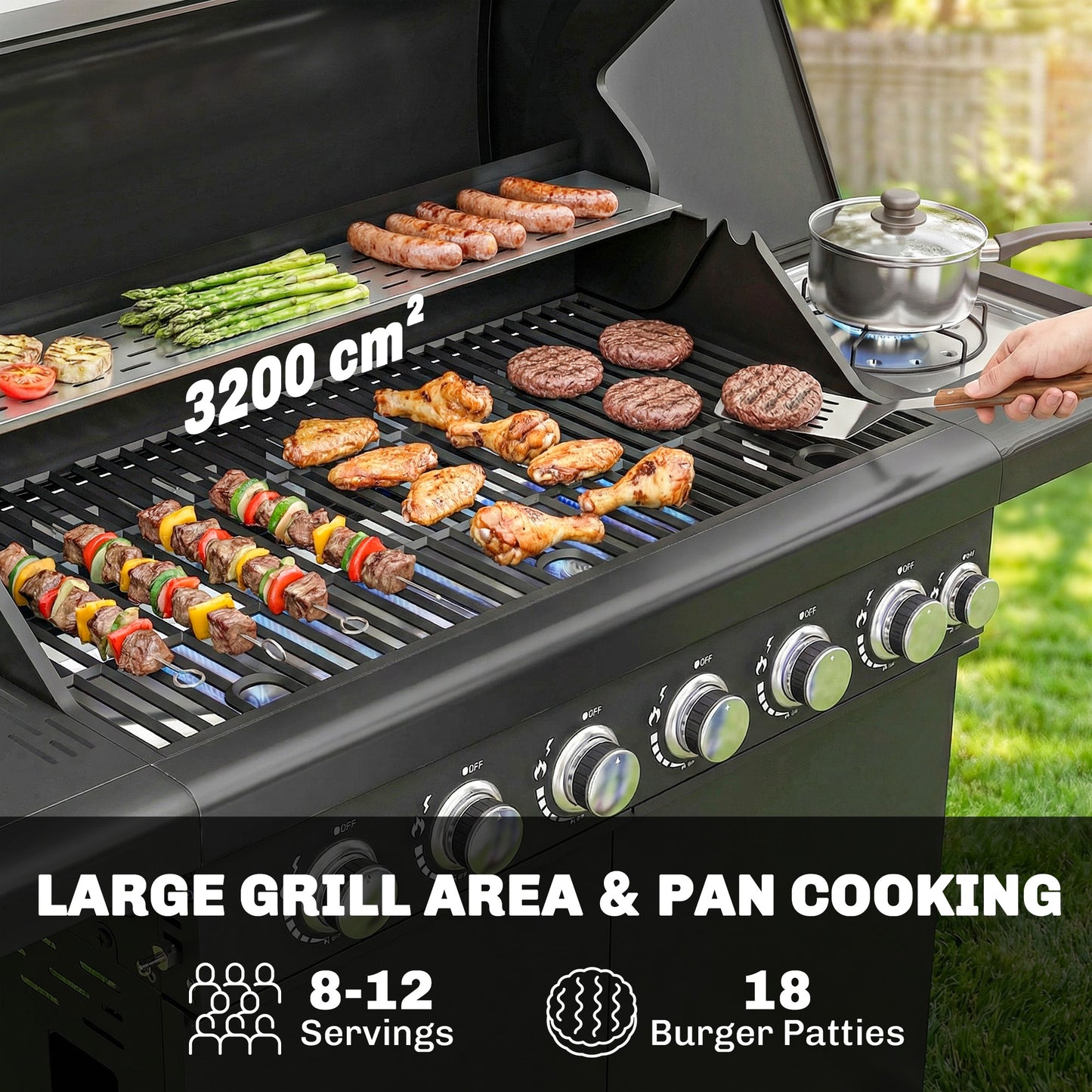 6+1 Burner Gas BBQ Grill, Barbecue Grill with Warming Rack, Black
