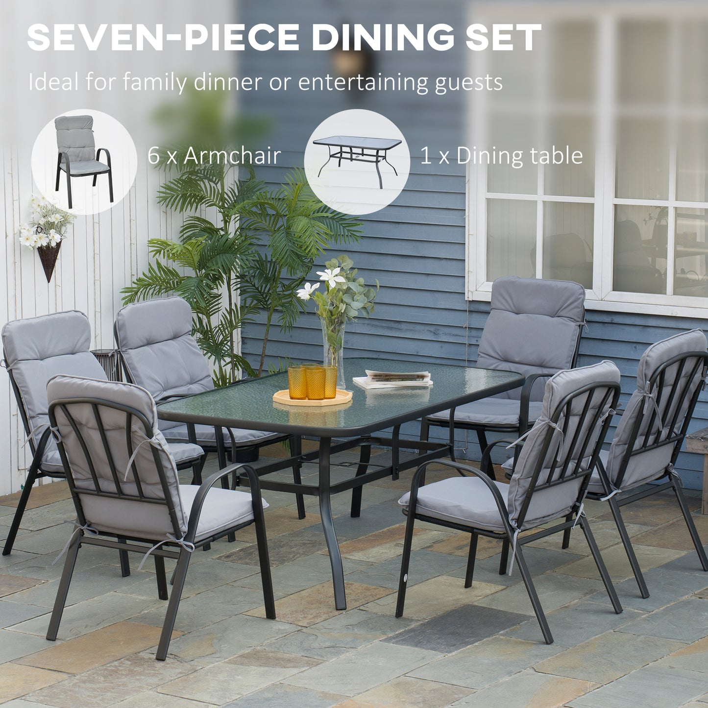 7 PCs Garden Dining Set w/ Umbrella Hole & Cushion, Grey