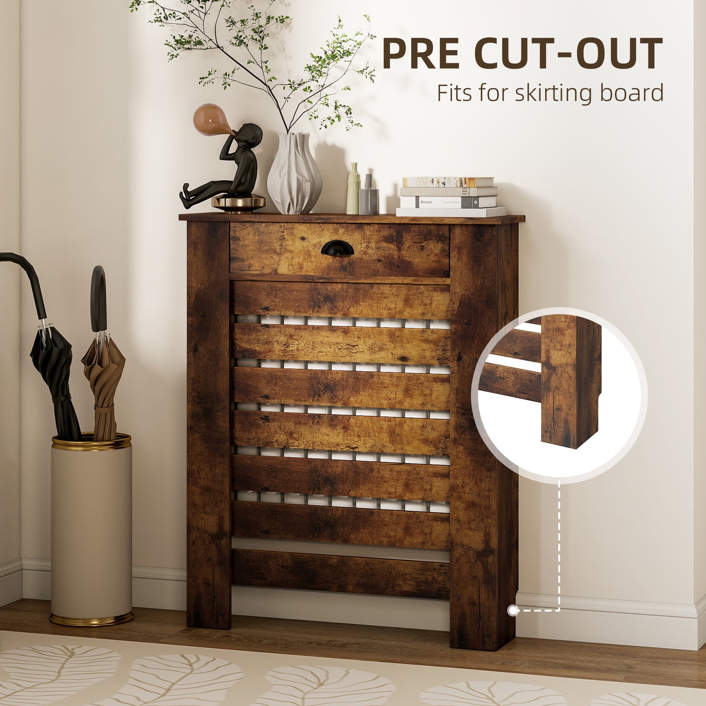 Radiator Cover with Drawer, Horizontal Slat, 78cm, Rustic Brown