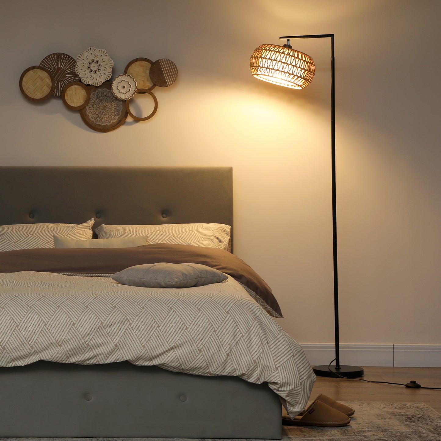Dimmable Standing Lamp with Double Shade, Boho Floor Lamp, Black