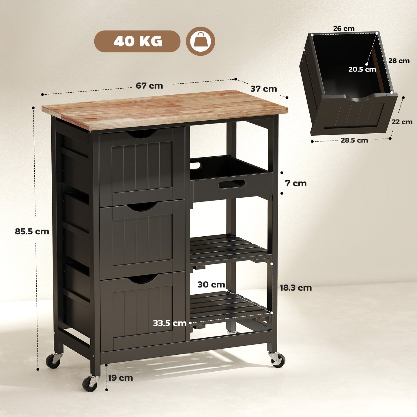 Rolling Kitchen Island Cart, Bar Serving Cart, Compact Trolley Black