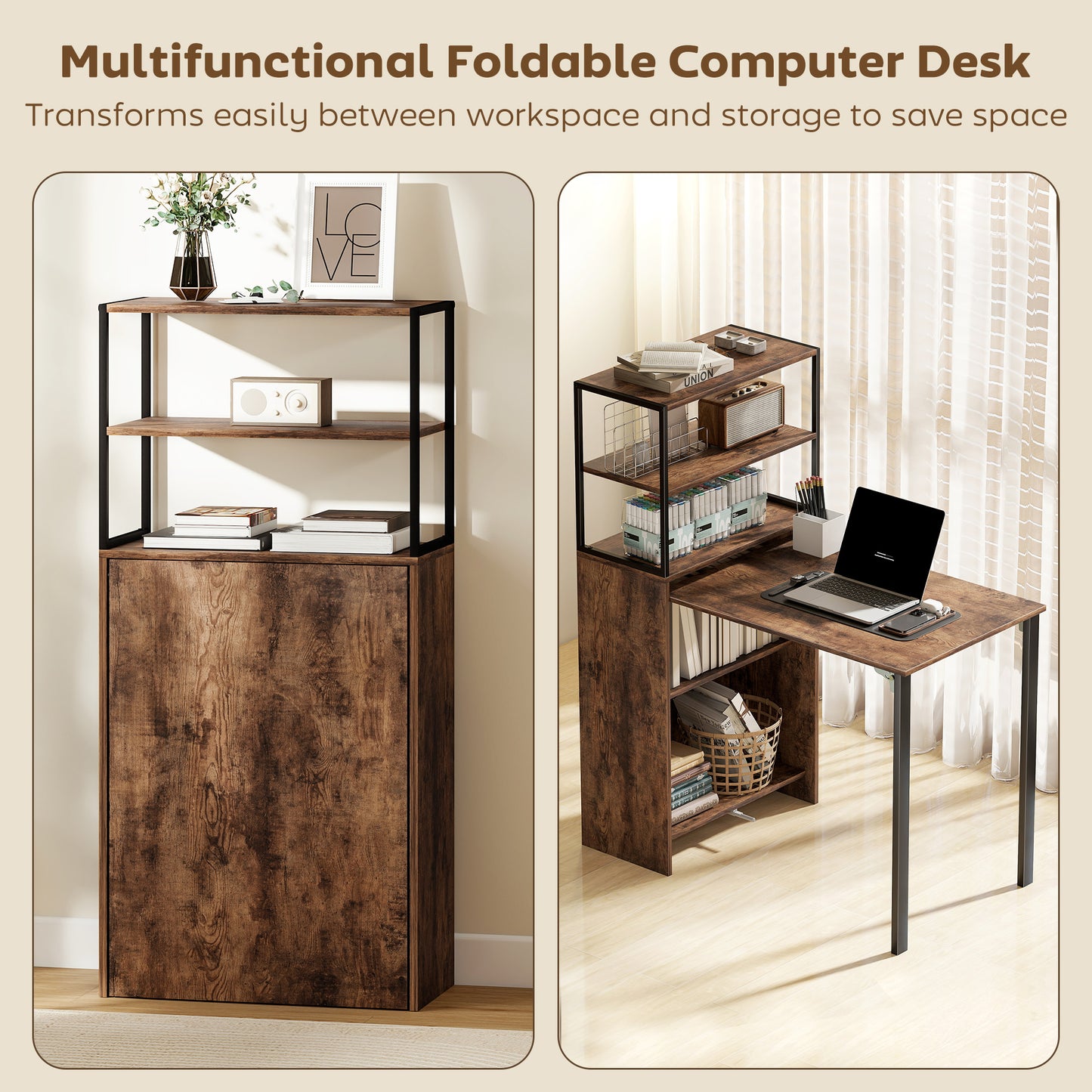 Foldable Computer Desk, Office Desk for Small Spaces, Rustic Brown