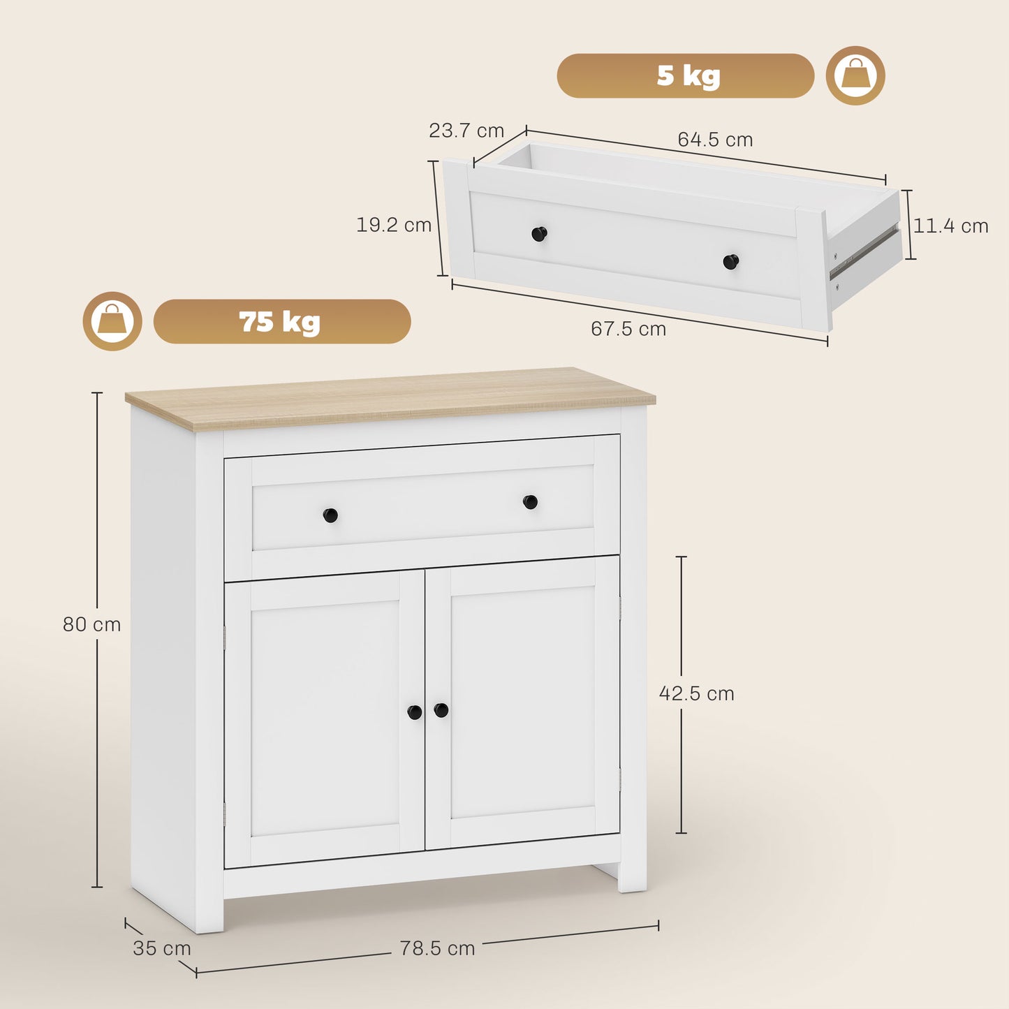 Sideboard Storage Cabinet with Adjustable Shelf, Drawer, White