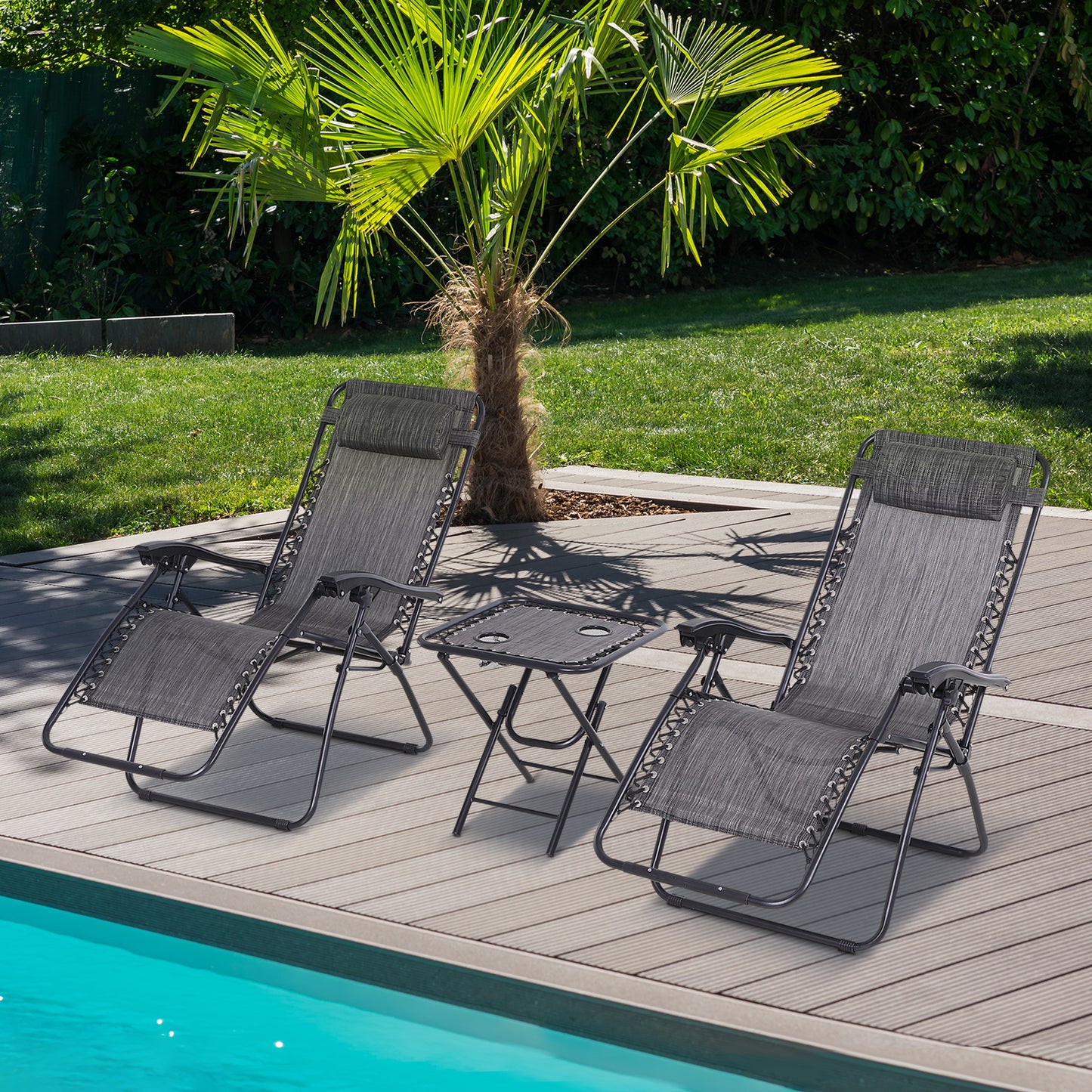 3PC Zero Gravity Chairs Sun Lounger Table Set W/ Cup Holders Light Grey